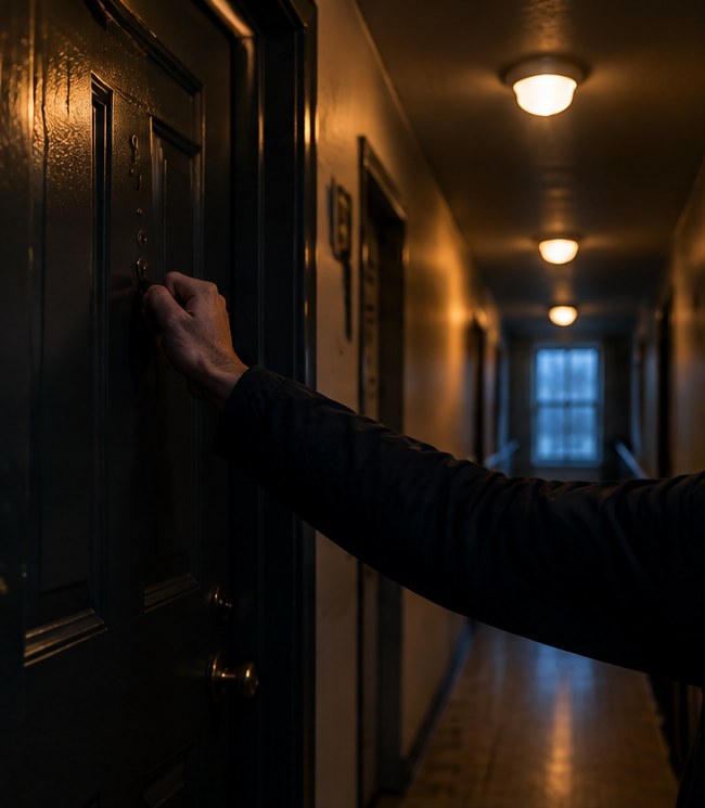 A hand knocking on the door of the unit upstairs