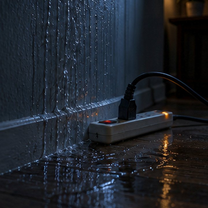 Water running down a wall onto a power strip