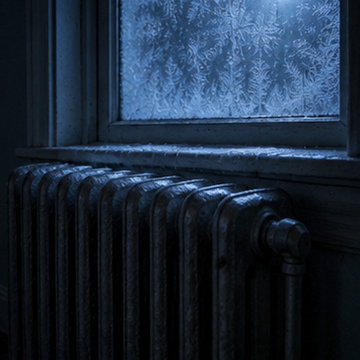 A radiator under a window covered in frost