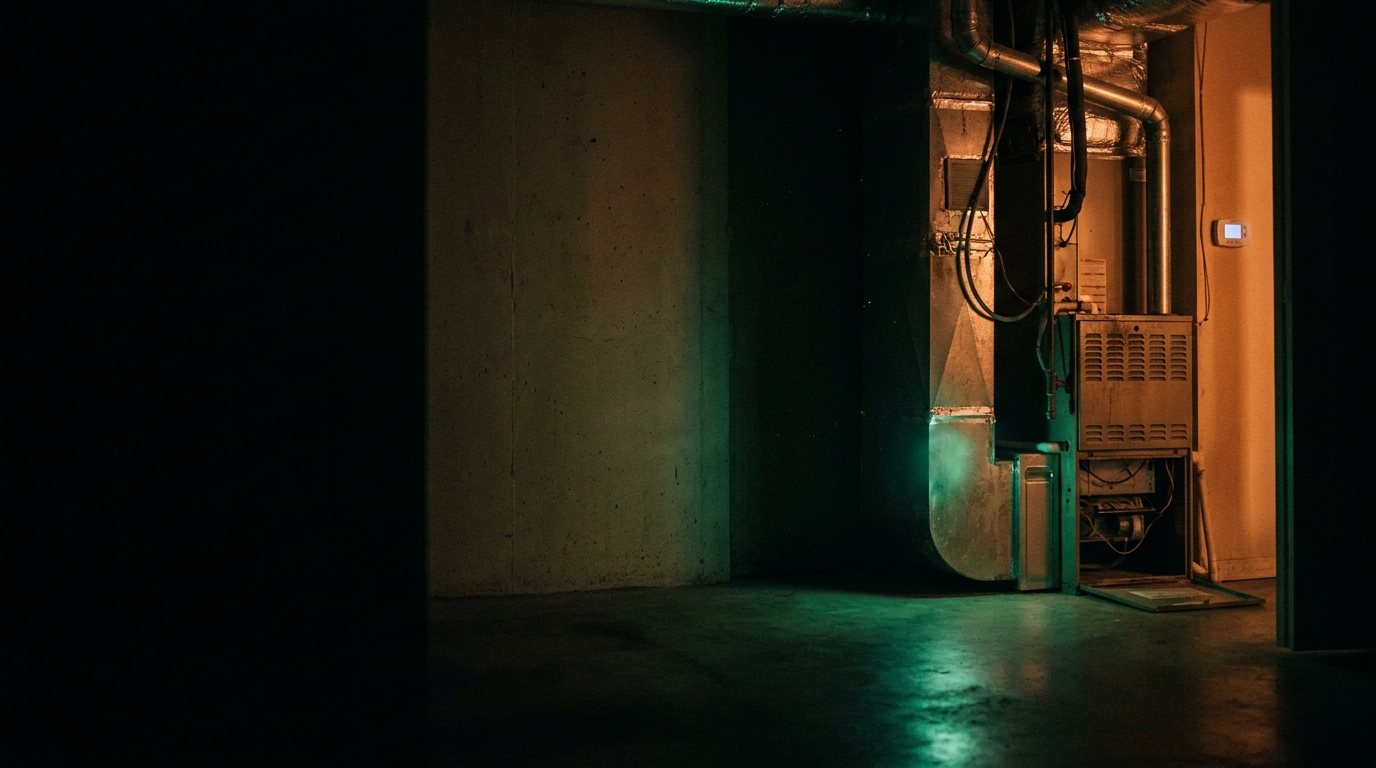 A furnace in a dark utility closet