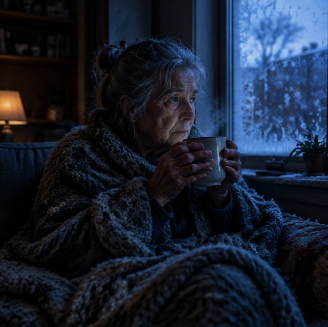 An older resident wrapped in a blanket in a cold living room, holding a mug