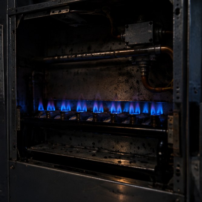 A row of blue burner flames inside a furnace, just lit