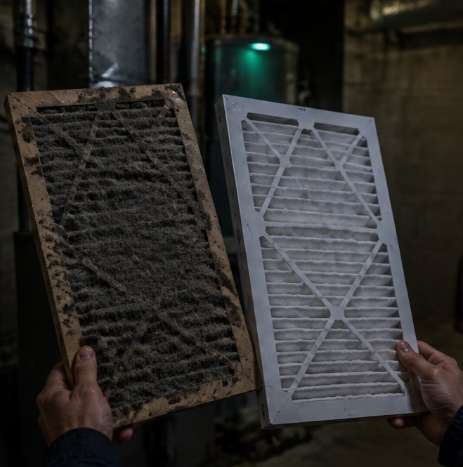 A grey, clogged furnace filter held next to a clean one