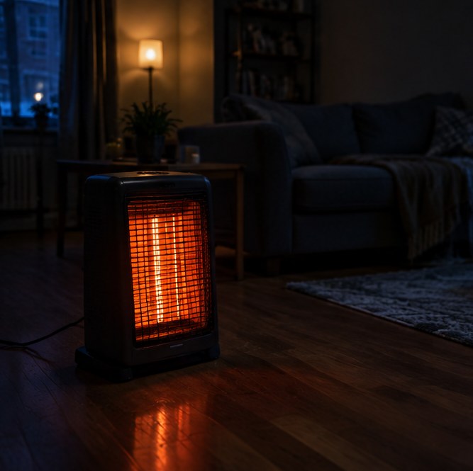 A portable electric heater glowing orange in a dim living room
