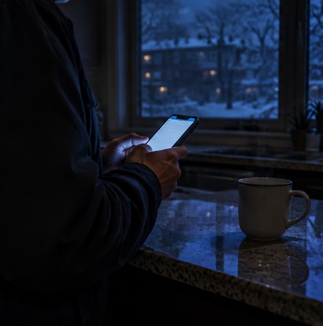 A manager at a kitchen counter before dawn, typing a reply on a phone, snow outside