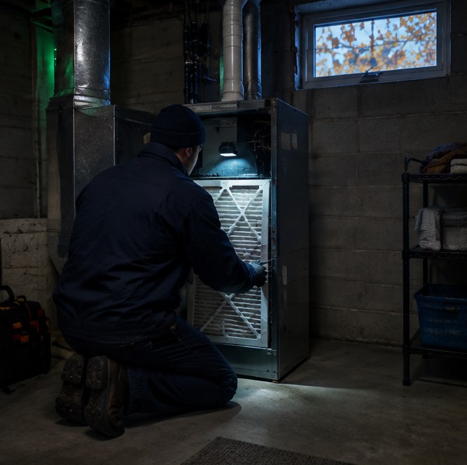 A technician sliding a new filter into a furnace in a basement, autumn leaves at the window