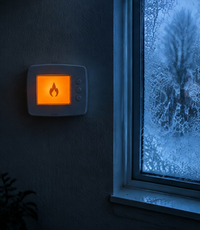 A thermostat glowing orange on a cold wall beside a frosted window