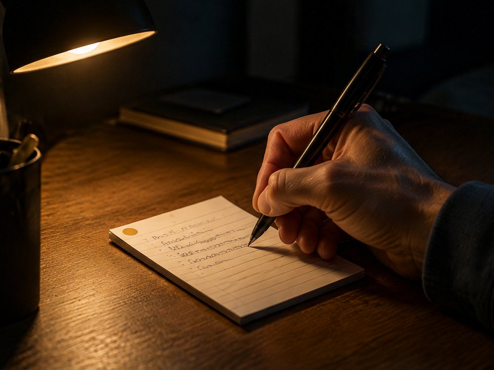 A hand writing a note under a desk lamp
