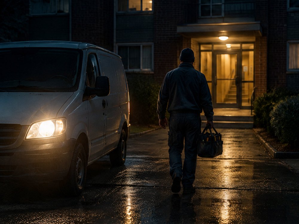A van and a technician arriving at a building at night