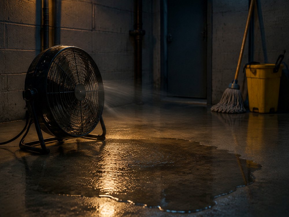 A floor fan drying a wet concrete floor, a mop and bucket by the wall