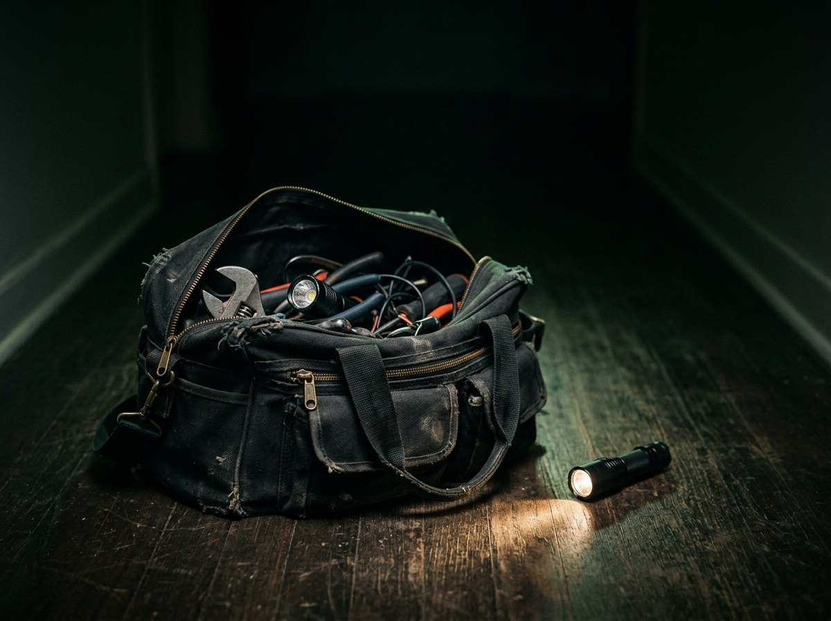 A tool bag and torch on a floor