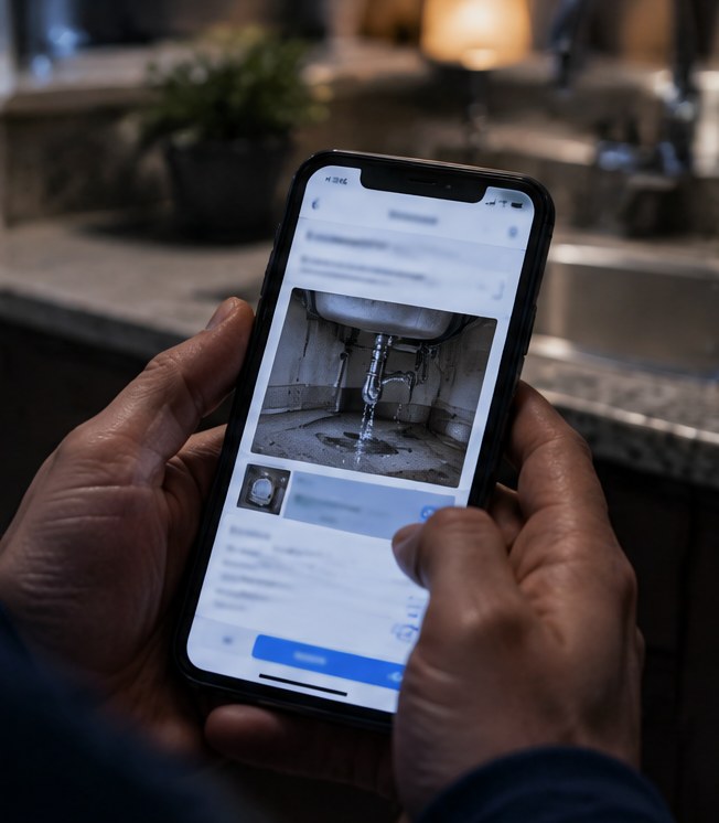 A resident attaching a photo of a leaking sink to a maintenance request on a phone