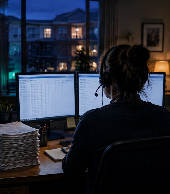 A manager at a desk with two screens and a stack of work orders