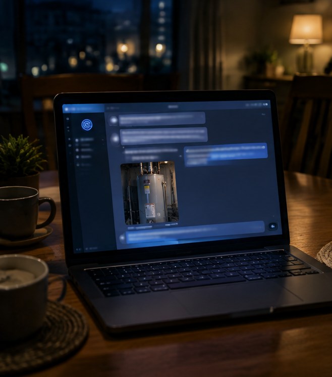 A laptop with a photo of a water heater in a chat