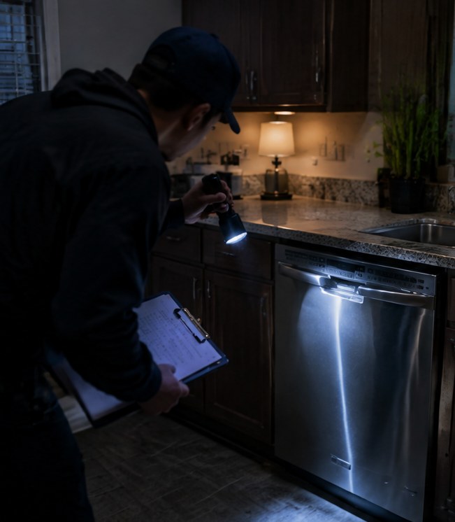 A technician with only a flashlight and a clipboard looking at a dishwasher