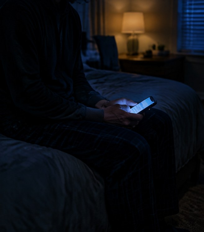 An on-call manager sitting on the edge of a bed at night, reading a phone