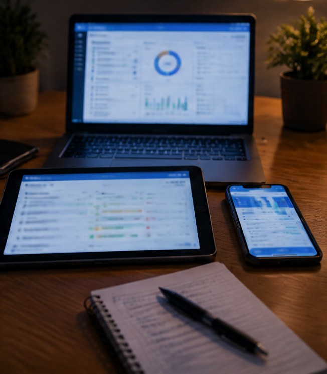 A laptop, a tablet and a phone side by side, each showing different software