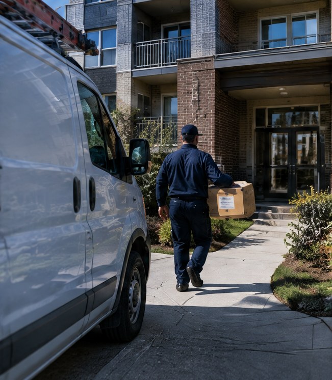 A technician carrying the right part from a van to an apartment building