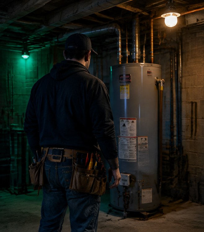 An electrician standing at a gas water heater, the wrong trade for the job