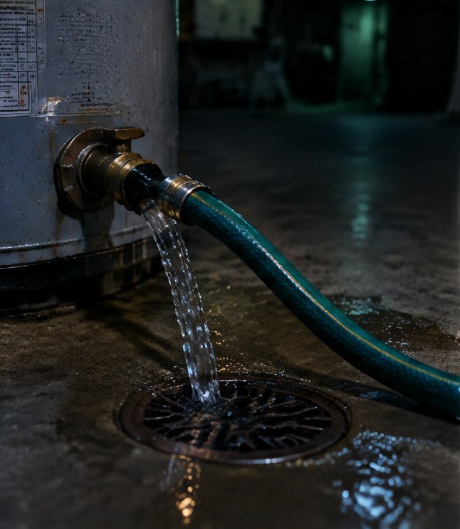 A hose on a water heater’s drain valve, flushing water into a floor drain