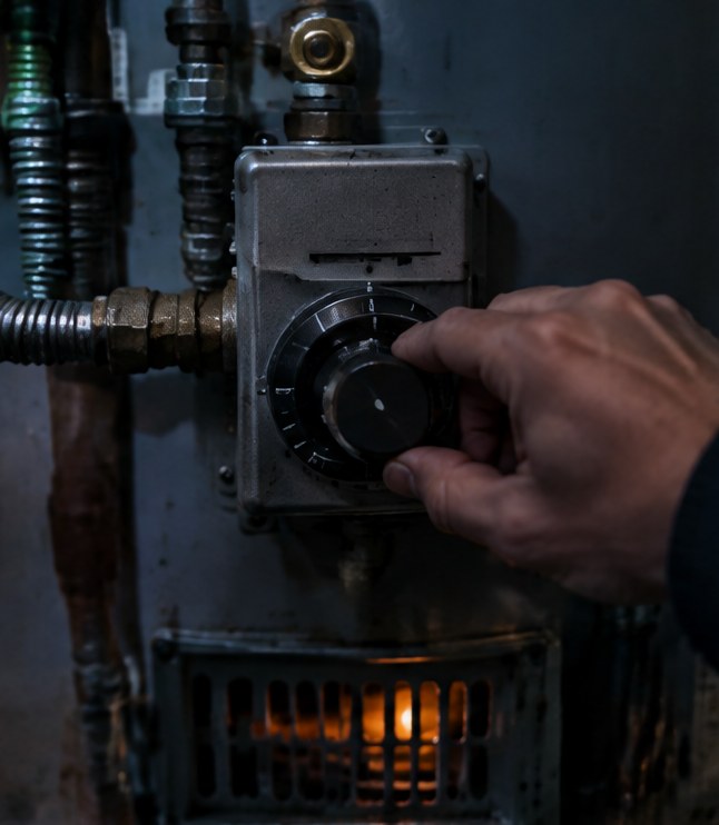 A hand turning the gas control knob on a water heater