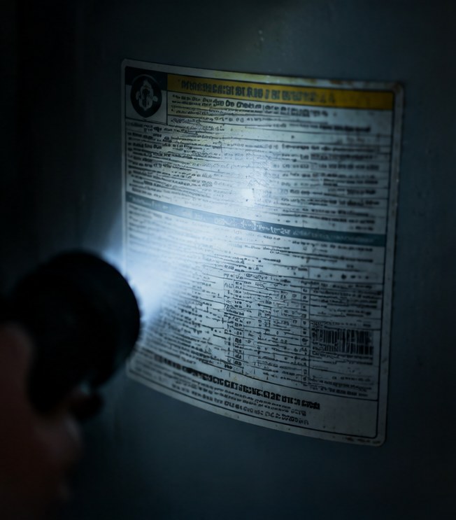 The rating label on the side of a water heater, lit by a flashlight