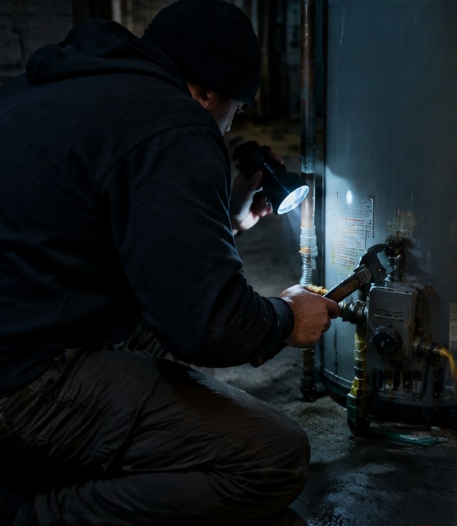 A plumber working on a water heater fitting