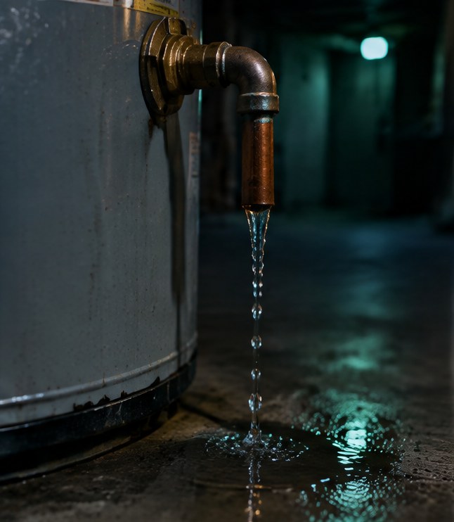 Water dripping from the relief-valve pipe on the side of a water heater