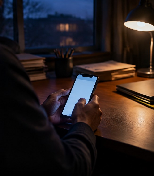 A manager at an office desk at dusk, typing a reply on a phone