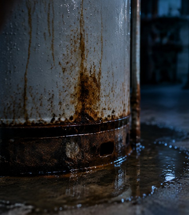 The rusted, wet base of an old water heater standing in a puddle