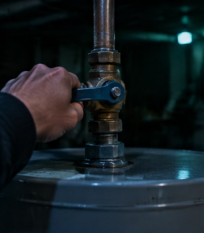 A hand turning the lever of the cold-water valve on top of a water heater