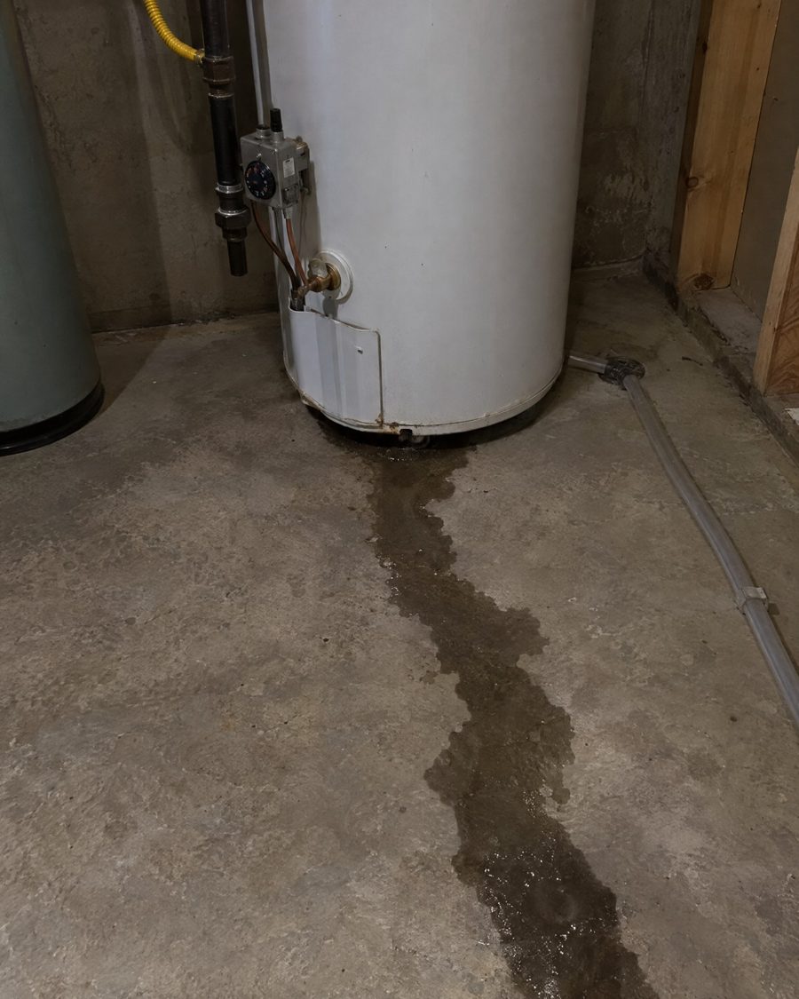 Stand-in picture: water heater leaking from the bottom, water trail across a concrete floor