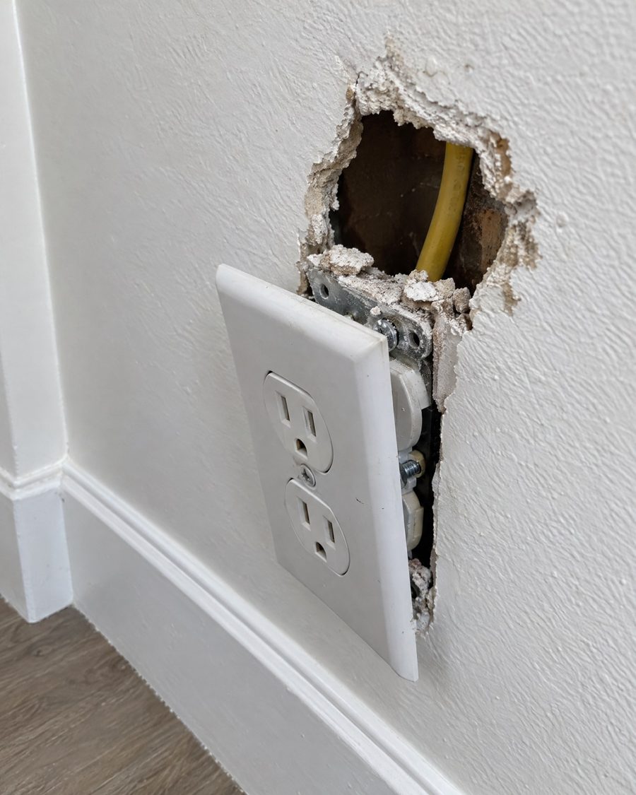 Stand-in picture: wall outlet pulled out with the drywall around it broken open