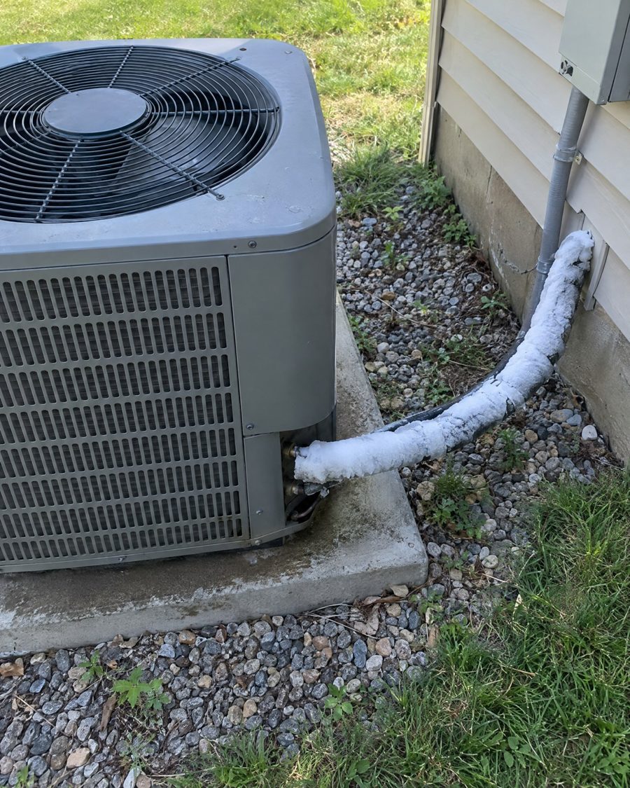 Stand-in picture: outdoor AC unit with the refrigerant line frozen over in white ice
