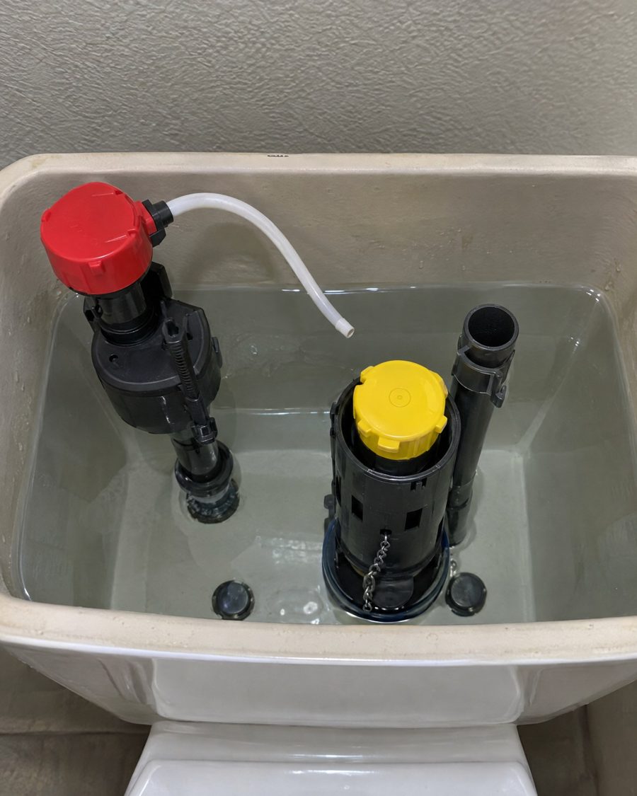 Stand-in picture: inside a toilet tank with the refill tube off the fill valve