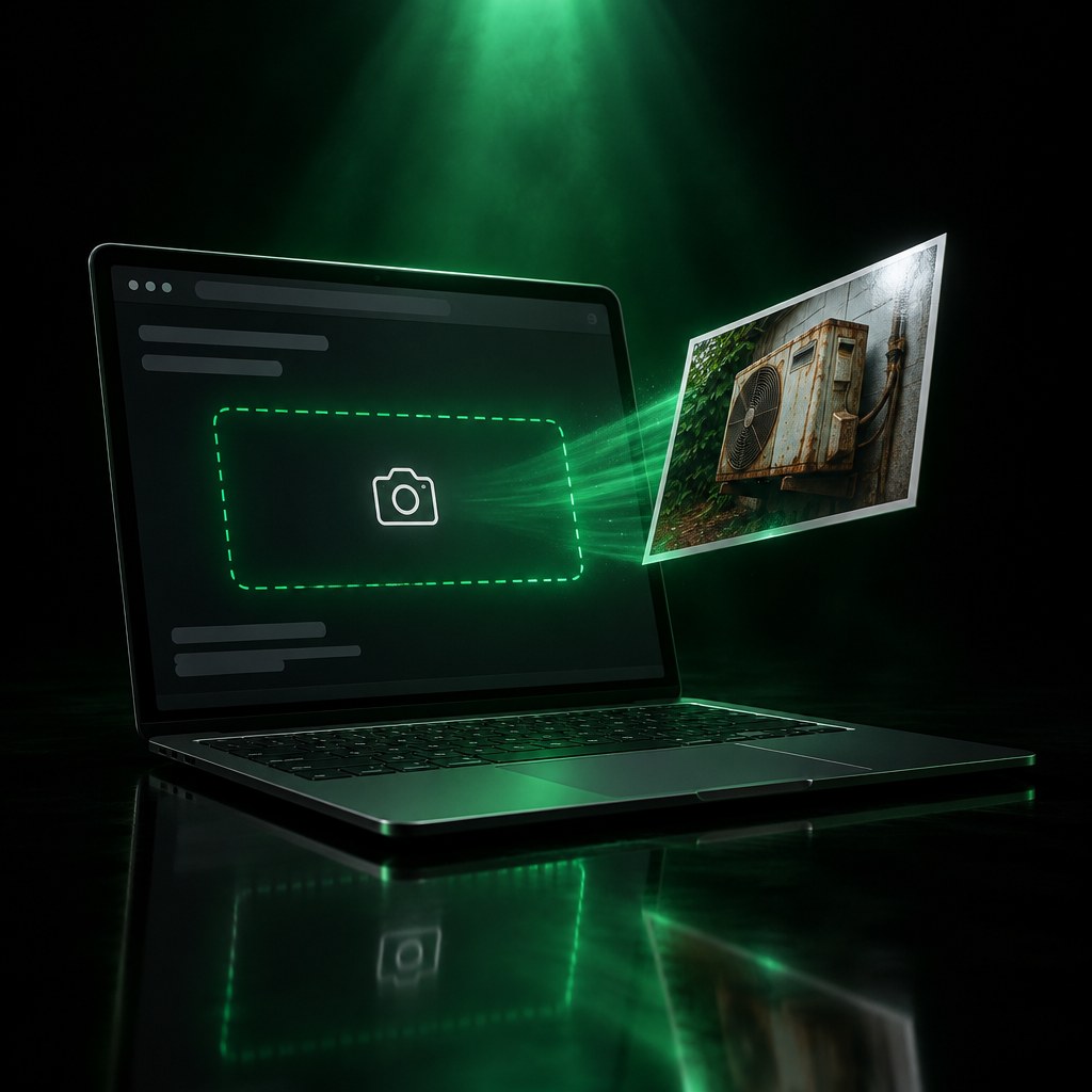 A laptop under a green light. On its screen, a web page with a glowing photo drop box; a printed photo of a rusty outdoor AC unit flies into it