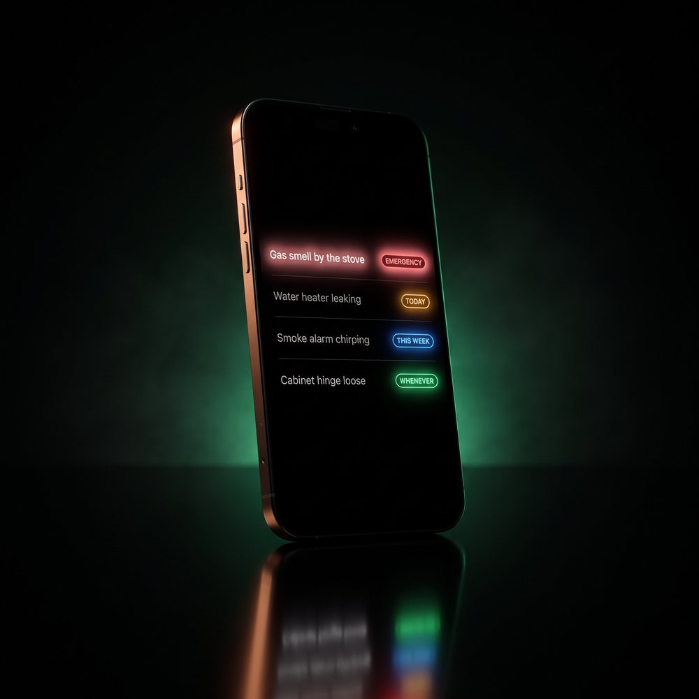 A phone standing on a dark surface, its screen showing a list of requests with four urgency lights