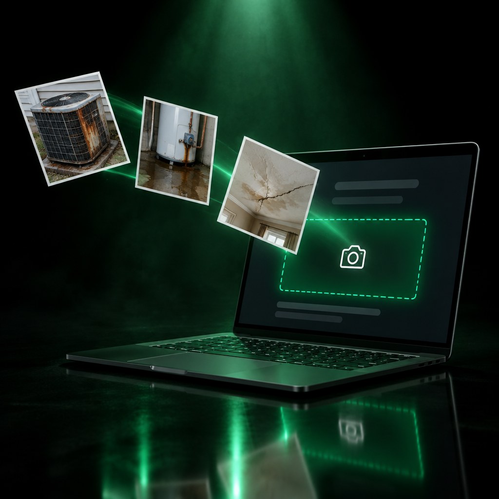Three printed photos of repair problems flying into the photo drop box on a laptop screen