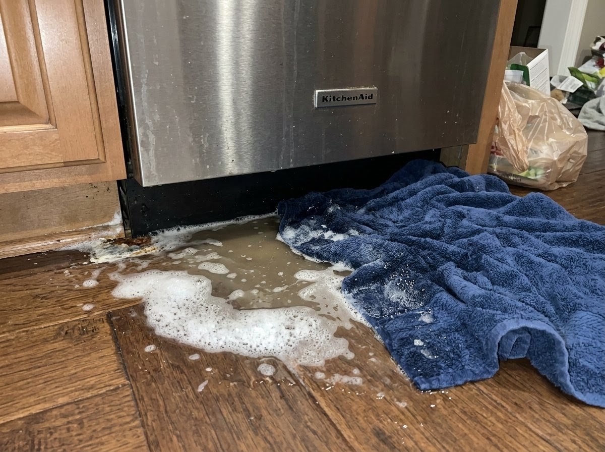 A photo of water and suds on a kitchen floor under a dishwasher