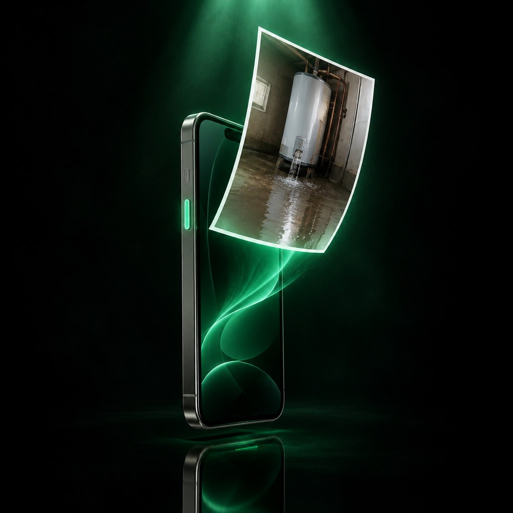 A phone under a green light, its side button lit green, with a printed photo of a leaking water heater rising out of the screen