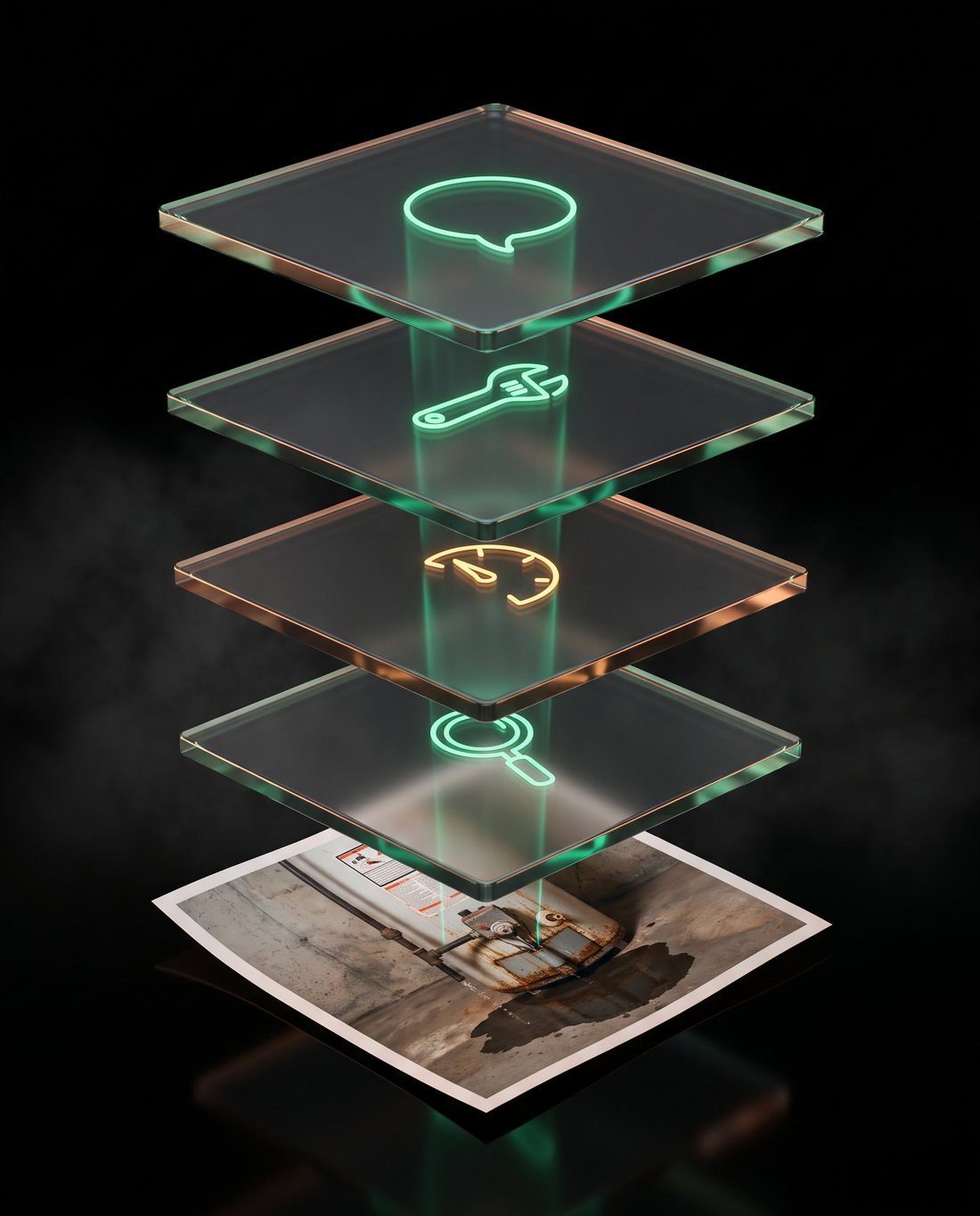 A photo of a leak rising through four lit glass layers: a speech bubble, a wrench, a gauge and a magnifying glass