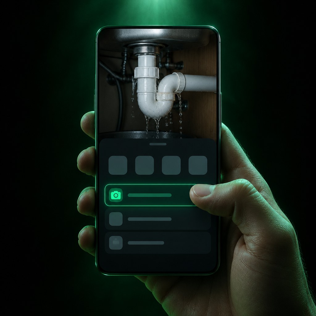 A hand holding a phone. A photo of a leaking pipe is open, and the thumb is over one lit green row in the share panel