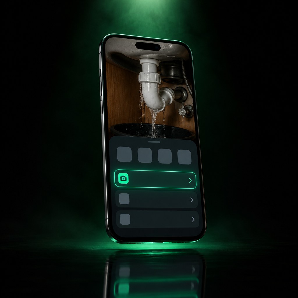 A phone under a green light. A photo of a leaking pipe is on its screen, with the share panel open and one row lit green