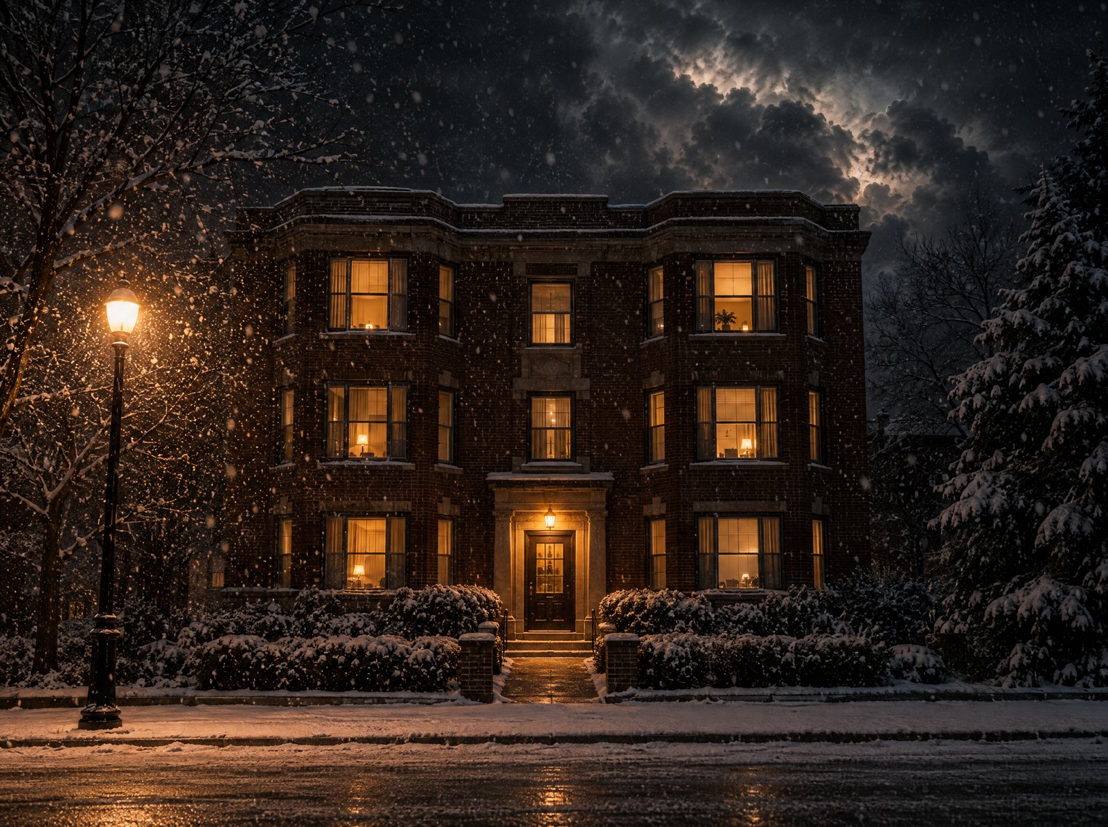 A brick apartment building at night in the first heavy snow of winter, windows glowing warm, a soft amber light on the front walk.