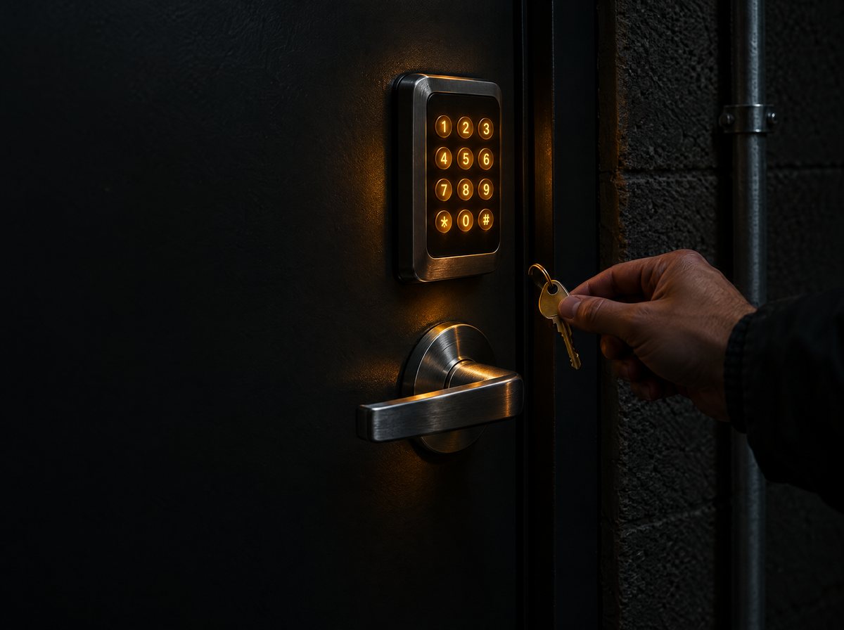 A steel service door with a keypad lock lit amber: the entrance your developer uses.