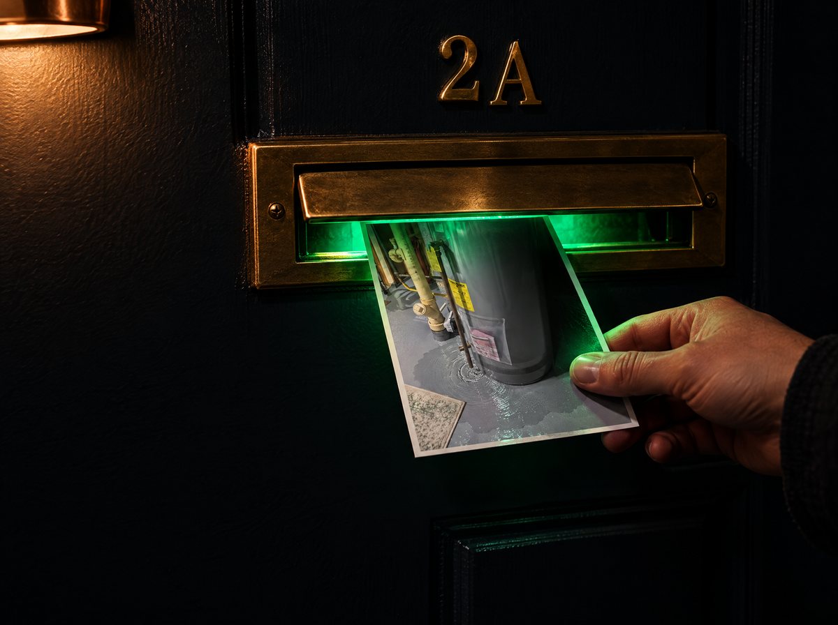 An apartment door with a brass mail slot. A hand slides a photo of a leaking water heater through the slot; green light shows from inside.
