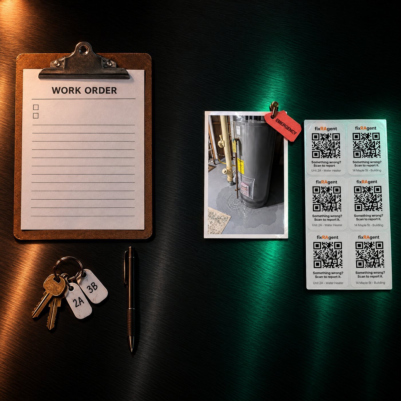 A property manager’s desk seen from above. On the left, the work order on its clipboard, a ring of unit keys and a pen. On the right, a resident’s photo of a leaking water heater tagged EMERGENCY and a sheet of fixRAgent QR stickers. Bare desk between the two: nothing connects them.