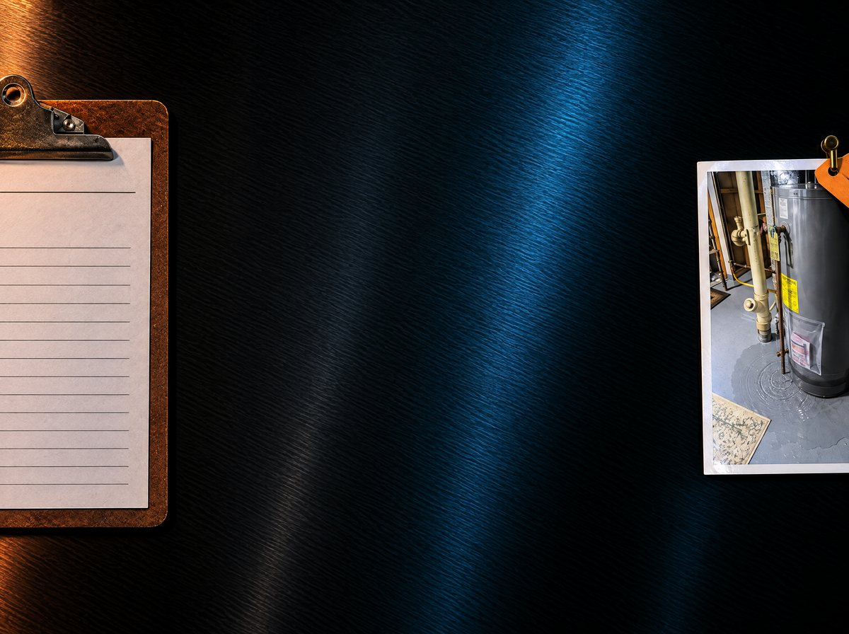 The work order on its clipboard at the left edge, the resident’s photo at the right edge, and a wide strip of bare desk between them.