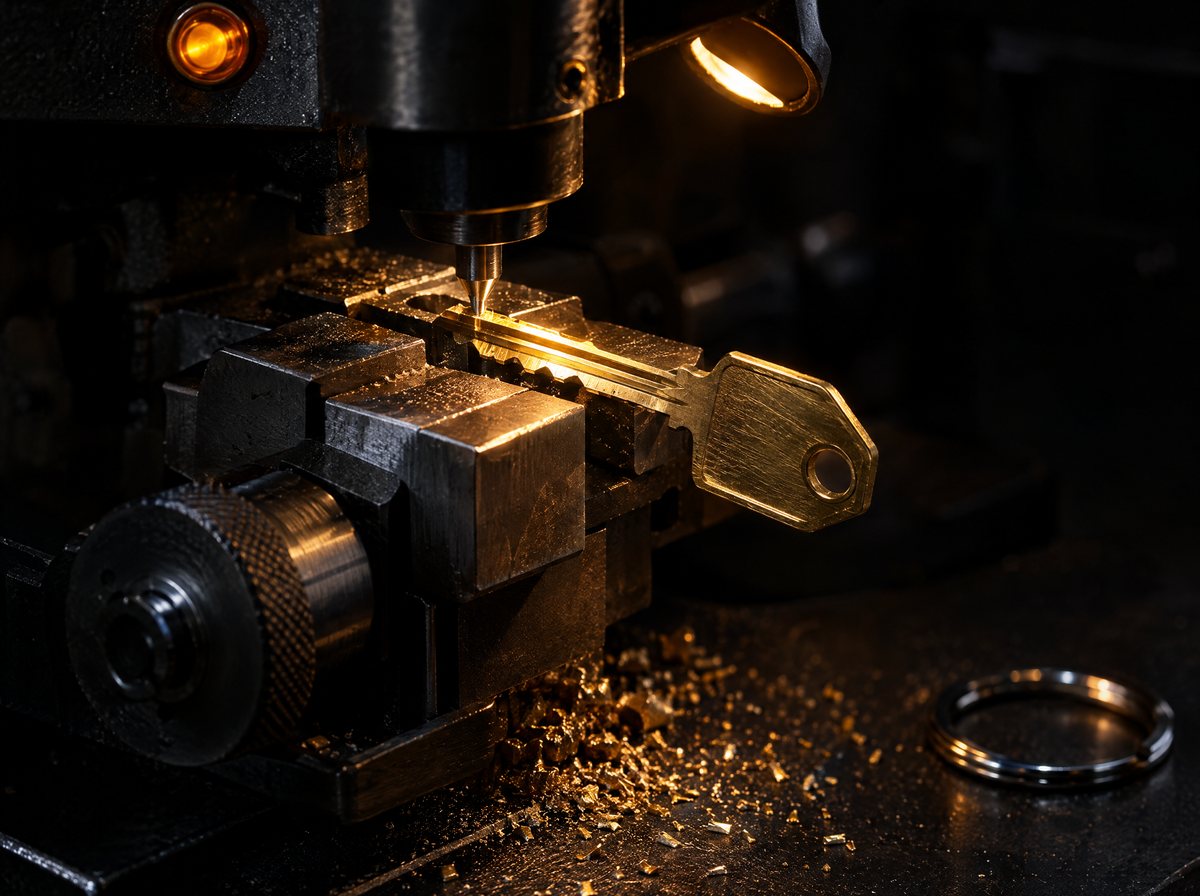 One new key still clamped in a key-cutting machine under an amber work light. It is not on anyone’s ring yet.