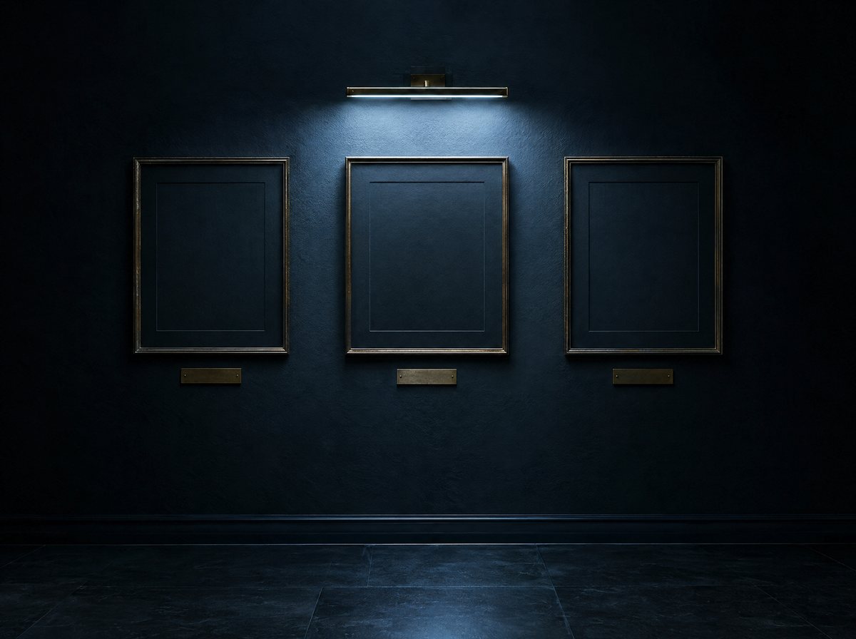 Three empty picture frames on a dark wall. Nothing hangs in them.